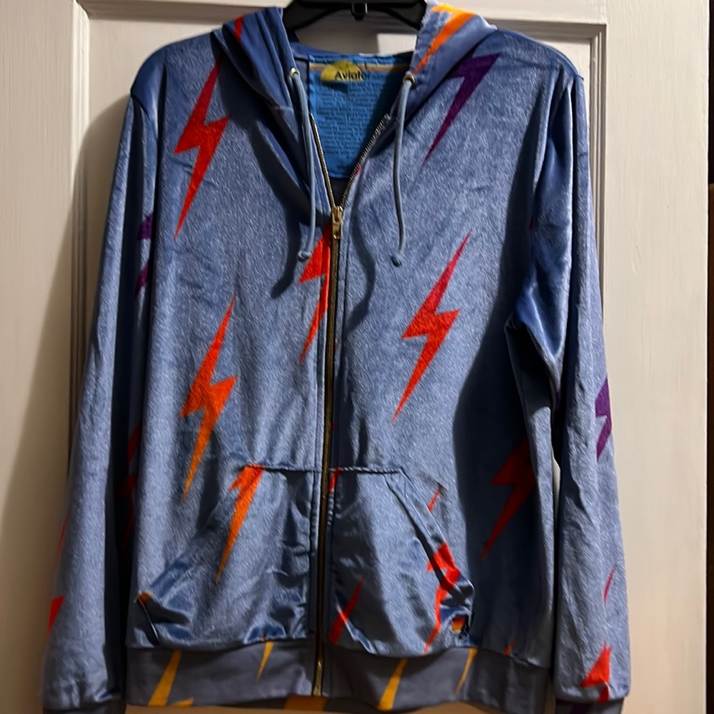 Aviator Nation Blue Hoodie with Orange and Purple Lightning
